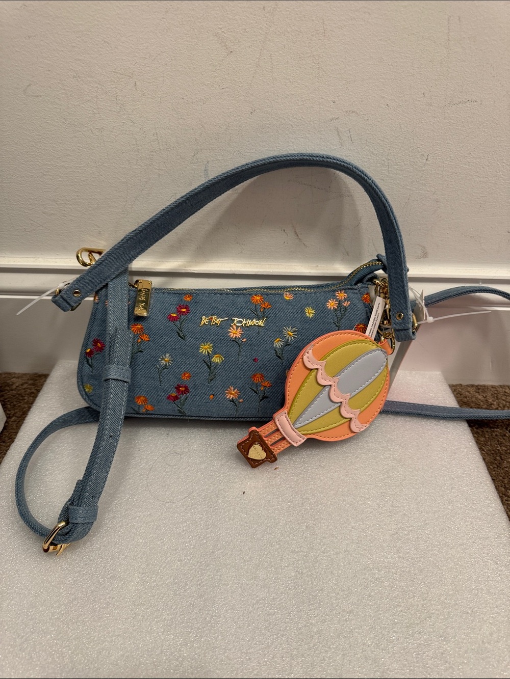 Betsey Johnson Blue Denim Floral Crossbody bag with Hot Air Balloon Charm NWT